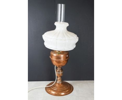Early 20th Century Edwardian copper oil lamp base having a knopped column with a moulded opaline glass shade. Converted to el