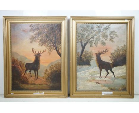 M Draper, stag at sunset against a landscape, a pair, oil on canvas, each signed lower left, 67 x 49cm, gilt framed 