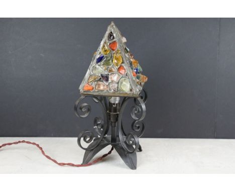 Mid century Retro ‘ Peter Marsh ‘ Wrought Iron Table Lamp, the shade with leaded coloured glass chunks, 32cm high 