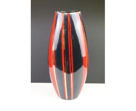 Poole Pottery vase of flattened baluster form, with gilt, blue &amp; red striped design, monogram to base, approx 37cm high 