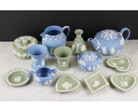 Collection of Wedgwood Jasperware, in pale blue &amp; green, to include teapots, jug, sugar basin, vases, trinket box and pin