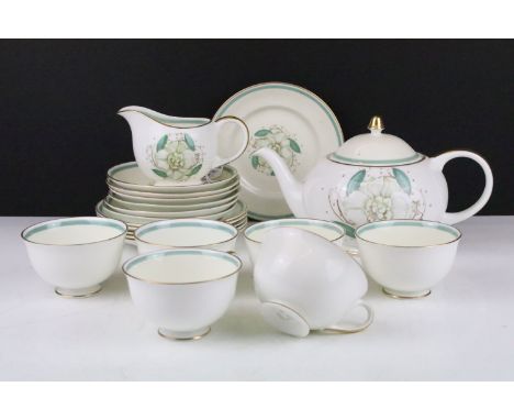 Susie Cooper 'Gardenia' floral tea set for six to include teapot &amp; cover, 6 teacups &amp; saucers, 6 tea plates and milk 