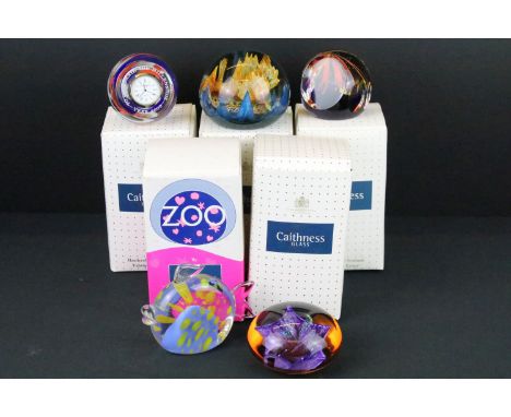 Five Caithness glass paperweights to include The Millennium Clock New Era clock paperweight, a Colin Terris Designer Collecti