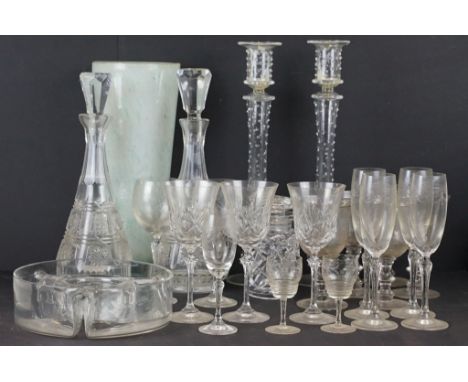 Collection of 19th Century and later glassware to include Loetz Moser crackle glass pitcher (unsigned), five bell shaped wine