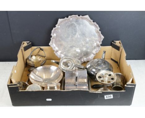 Mixed silver plate to include a salver with cast decoration to border, chocolate pot, teapots, cheese dish, candlestick, bonb