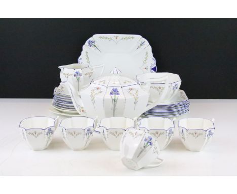 Shelley Queen Anne 'Blue Iris' tea set, pattern no. 11561, to include teapot &amp; cover, teapot stand, 6 teacups, 7 saucers,