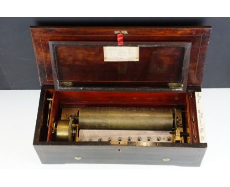 19th Century Nicole Freres four air overture Swiss music box, crank winding, the lid with marquetry inlaid bird decoration, o