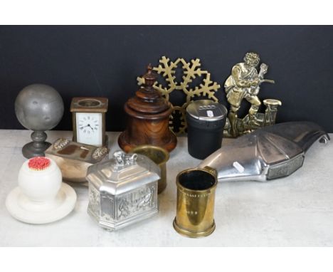 Assorted collectables to include chrome jaguar car grill light, turned wooden tea caddy, pewter tea caddy with lion finial, p