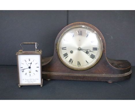 Early 20th Century oak Napoleons hat mantle clock together with a Smiths Price Charles and Diana Spencer commemorative carria