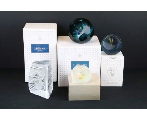 Four Caithness paperweights to include Into The Light, Enigma Glacier, Five to Midnight (87/150) and Shining through (50/100)
