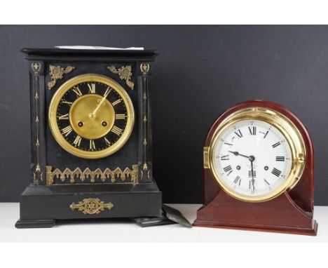 Brass cased nautical bulkhead ships clock (23.5cm high), together with a Victorian slate mantel clock with decorative brass m