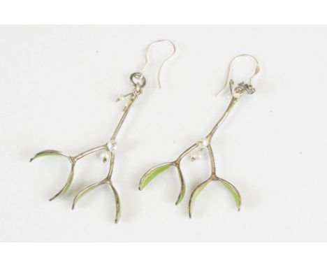 Pair of Silver, Pearl and Enamel Drop Earrings in the form of Mistletoe, 4.5cm drop