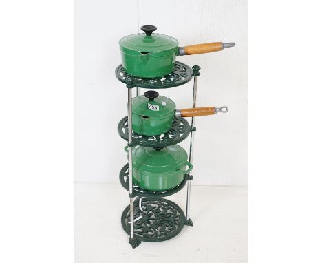 Three Chasseur green enamel cast iron cooking pans / dishes (casserole dish approx 27cm wide), with a green painted cast iron