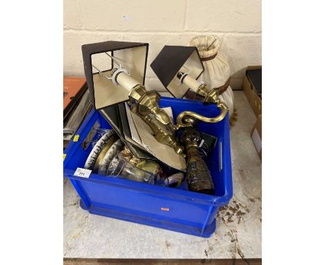 Box of various items to include a brass light fitting
