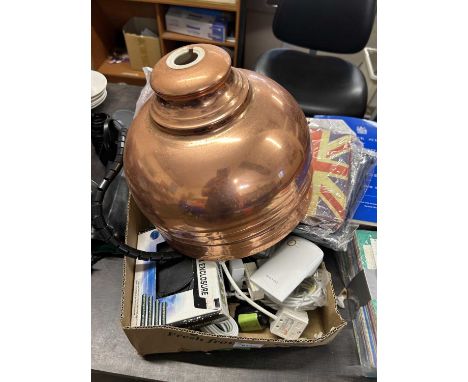 Box of various tablet computer covers, cables, ceiling light shades and other items