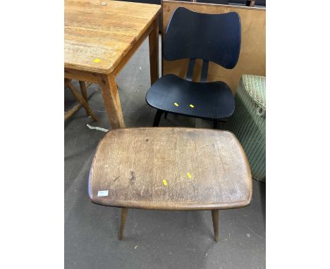 A small retro Ercol coffee table together with a further retro black ash chair