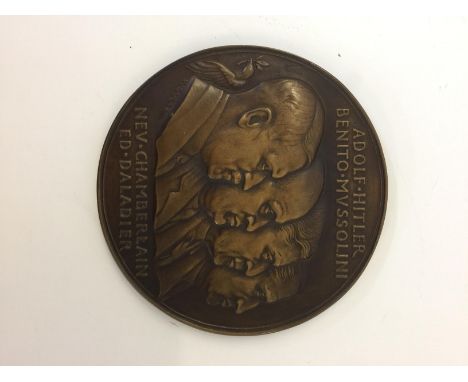 MUNICH AGREEMENT COPPER MEDAL - A copper medal by K. Goetz depicting busts of Hitler, Mussolini, Chamberlain and Daladier, wi