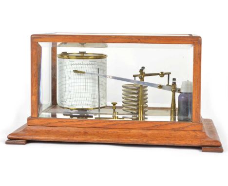 Edwardian barograph lacquered brass mechanism clockwork key wind cylinder, contained in light case with bevelled glass panels