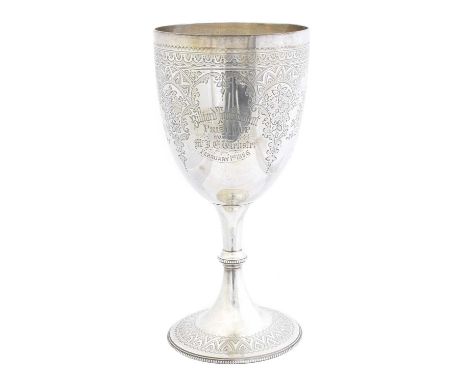 A Victorian silver cup, hallmarks for Walker &amp; Hall, Sheffield, 1890, height 20cm, gross weight 8.83ozt.Condition report:
