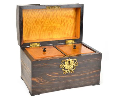 Victorian coromandel veneered tea caddy, domed top decorated with brass fretwork of Gothic design, spandrels and vacant carto