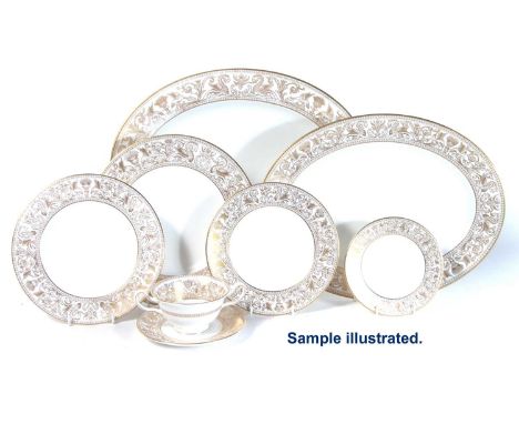 Wedgwood Gold Florentine pattern service, to include twelve 27cm plates, twelve 23cm plates, twelve 20cm plates, thirteen 15c