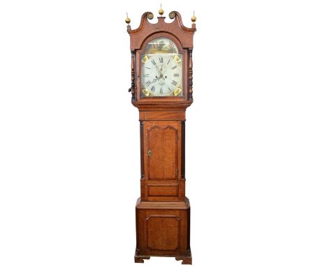 Nickisson, Newcastle longcase clock, 8-day movement striking on a single bell, painted arched dial with minute and date apert