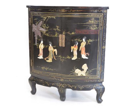 First half 20th Century Chinese black lacquered corner cabinet, doors decorated with hardstone and bone figures. 75cm (29.5in