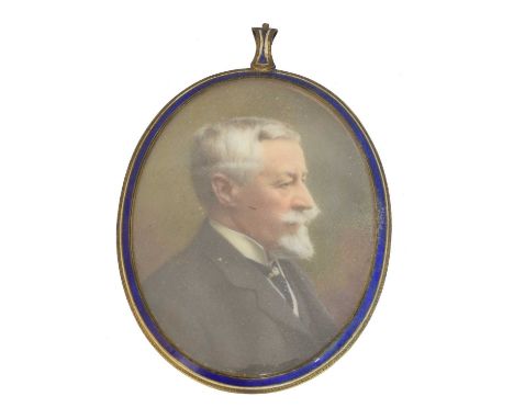 A portrait miniature in watercolour, of oval form, within a blue enamel locket setting, in a fitted case/frame by Louis Saul 