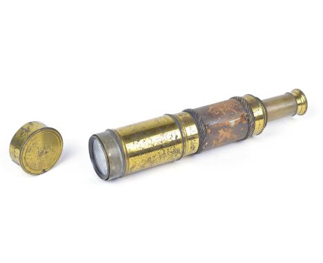 Mid 19th century brass telescope, five drawer section, leather and brass casing, sun shield and cap, unnamed.fully extended 9