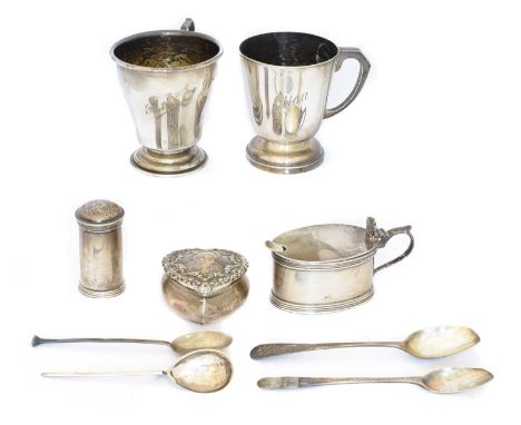 A selection of silver, to include two silver cups, a heart shaped trinket box, shaker, mustard pot, etc, gross weight 9.34ozt