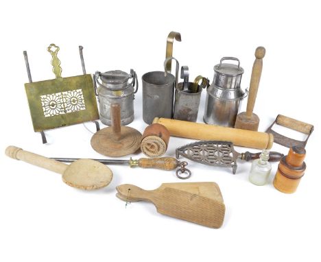 A collection of kitchenalia including two milk pales, four scoops, trivet rolling pin, butter pats etc.