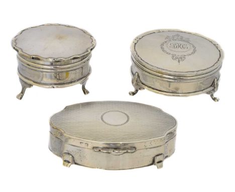 Three silver trinket boxes, of round and oval form, velvet interiors (3)Condition report: Overall condition good to fairRound