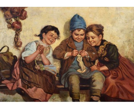 A. Vally (19th/20th century) Seated children knitting, signed, oil on canvas.48.5cm x 68cm (19in x 26.75in)Condition report:T