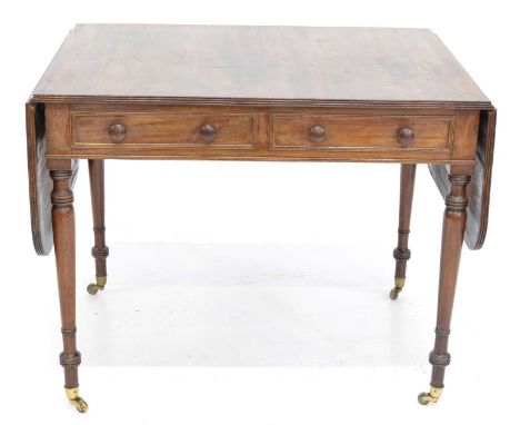 Mid 19th century mahogany sofa table, rectangular top, four reed edge, two leaves with knuckle bracket supports, two true and