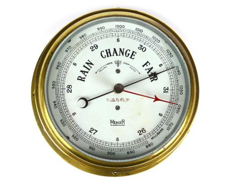 Early 20th-century ships bulkhead aneroid barometer, white enamel dial signed Mercer, St. Albans, all contained in brass case