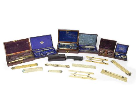Collection of late 19th Century drawing and scientific instruments to include five bone folding rulers made by Appleby brothe
