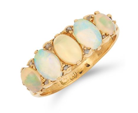 ANTIQUE OPAL AND DIAMOND FIVE STONE RING set with five cabochon opals and diamond sparks, size n / 7, 4.4g.