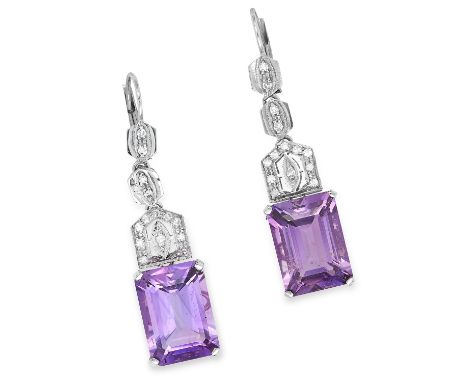 AMETHYST AND DIAMOND EARRINGS each set with an emerald cut amethyst below round cut diamonds, 4.1cm, 8.8g.