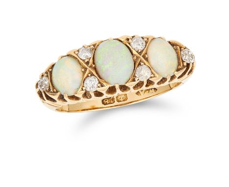 ANTIQUE OPAL AND DIAMOND RING set with three graduated oval cabochon opals and old cut diamonds, size M / 6, 6.0g.