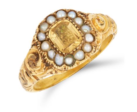 ANTIQUE GEORGIAN IMPERIAL TOPAZ AND PEARL RING set with a cushion cut imperial topaz in a border of pearls, size U / 10, 6.5g