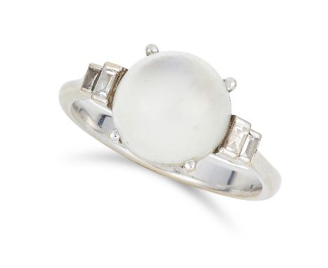 ART DECO MOONSTONE AND DIAMOND RING, set with a cabochon moonstone and baguette diamonds, size N / 6.5, 4.1g.
