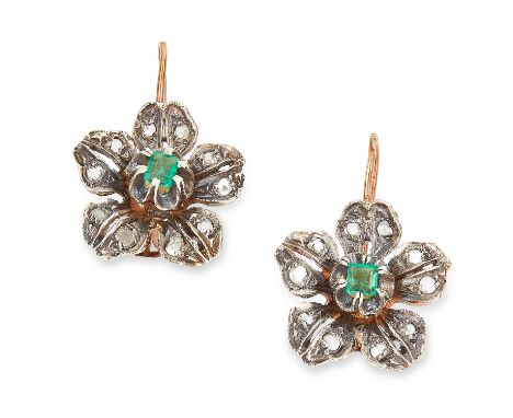 EMERALD AND DIAMOND EARRINGS set with step cut emeralds and rose cut diamonds, 2.6cm, 7.4g.