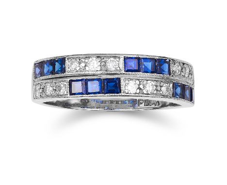 SAPPHIRE AND DIAMOND ETERNITY RING set with alternating round cut diamonds and step cut sapphires, size V / 10, 7.6g.