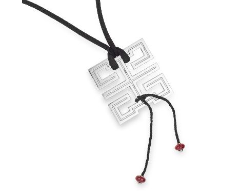 RUBY ABSTRACT PENDANT in abstract design suspending two ruby beads, 25.2g.