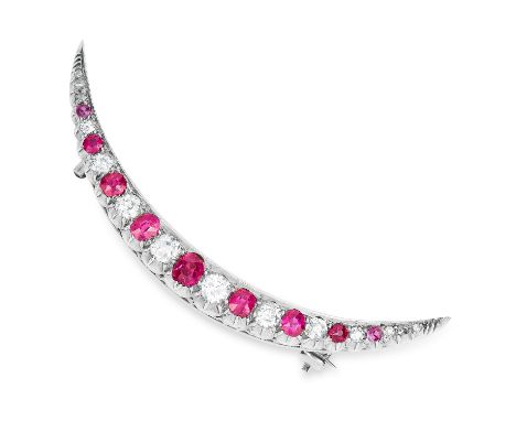 ANTIQUE BURMA NO HEAT RUBY AND DIAMOND CRESCENT BROOCH CIRCA 1897 set with graduated cushion cut rubies and old and rose cut 
