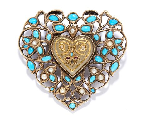 ANTIQUE JADE, TURQUOISE, PEARL AND RUBY BROOCH, INDIAN set with polished jade, cabochon turquoise and rubies, and pearls, in 