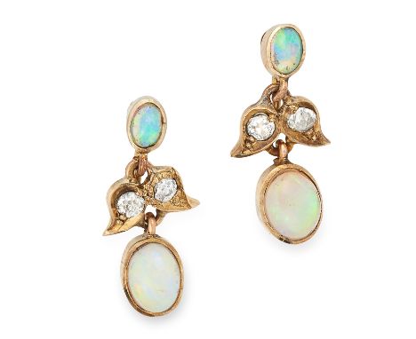 ANTIQUE OPAL AND DIAMOND EARRINGS each set with two cabochon opals and round cut diamonds, 1.6cm, 1.7g.