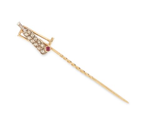 ANTIQUE DIAMOND AND RUBY CRICKET BAT STICK PIN set with a round cut ruby and rose cut diamonds, 6.9cm, 2.5g.