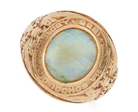 ANTIQUE OPAL SIGNET COLLEGE RING, set with a cabochon opal in a decorative border, size N / 6.5, 16.9g.