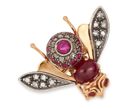 RUBY AND DIAMOND BUG RING set round and cabochon rubies and rose cut diamonds, size O / 7, 7.5g.